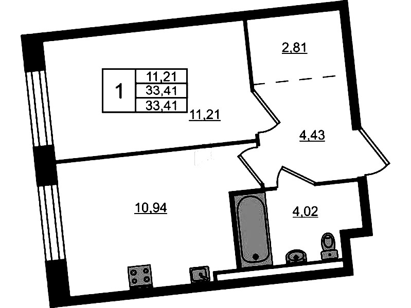 1-комнатная квартира 33.41 м², 1/11 эт., ЖК «Квартал Лаголово»